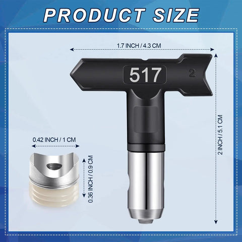 24 Pack Reversible Airless Spray Tips Set For Home Building And Fence Projects, Includes 24 Tip Models And Seals, Black Nozzles, Pro Grade Compatibility With Airless Sprayers, Great For Edges And Large Surfaces, 2 To 14 Inch Spray Range, showing nozzle size and dimensions.