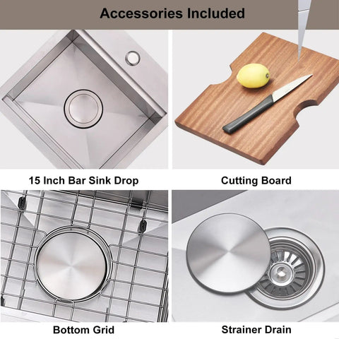 15 Inch Bar Sink With Brushed Nickel Finish, 304 Stainless Steel, accessories include cutting board, bottom grid, strainer drain