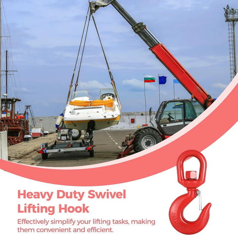 Heavy Duty Alloy Steel Swivel Lifting Hook With Secure Safety Latch Boasts 6600 Pound Load Capacity lifting a boat.