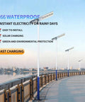 Hella Bright Solar Street Lights For Outdoor Yard Waterproof Motion Sensor Dusk To Dawn LED Flood Lighting on a waterfront pathway.