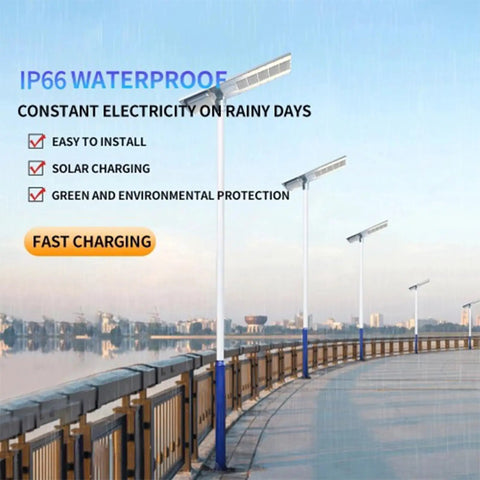 Hella Bright Solar Street Lights For Outdoor Yard Waterproof Motion Sensor Dusk To Dawn LED Flood Lighting on a waterfront pathway.