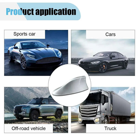 Shark Fin Antenna Cover Universal Roof Aerial With Adhesive Tape For Cars Trucks SUVs Silver Plastic Exterior Decor Easy Install shown with cars and trucks