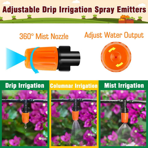 Orange drip irrigation spray emitters showing 360-degree mist nozzle and water output adjustment feature.