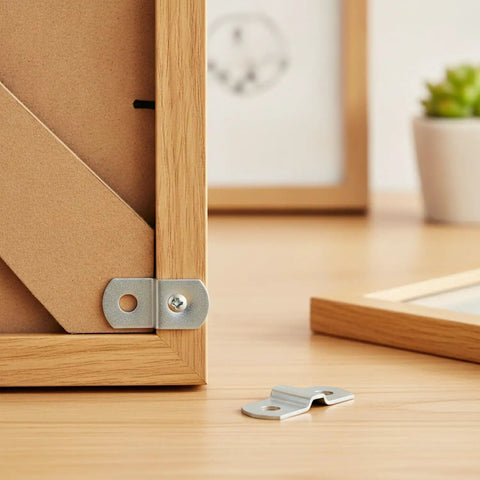 Compact Right Angle Corner Bracket for Woodworking Metal Frame Brace Plate shown in picture frame application