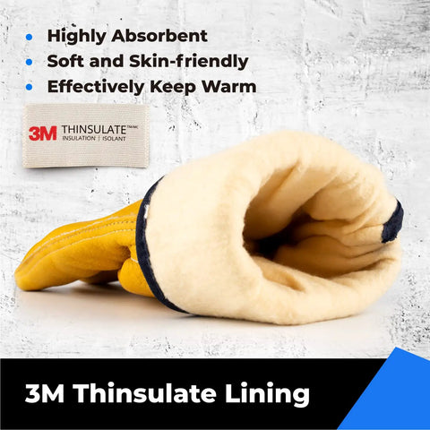 Close-up of Winter Leather Work Gloves with Thinsulate Lining, 100 Percent Full Grain Cowhide, Size Large, showcasing inner lining.