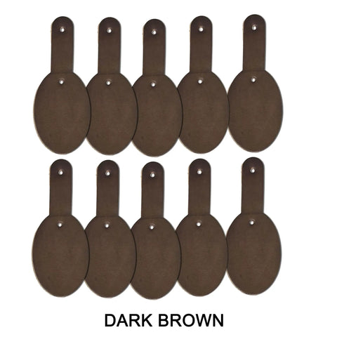 Fresh Oval Leather Key Fobs, 10 Pack Full Grain Vegetable Tanned Keychain Blanks With Hardware in dark brown color.
