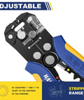 Close-up of self adjusting wire stripper and cutter with crimping feature, 3 in 1 heavy duty design for 10 to 24 AWG, ideal for electrical projects.