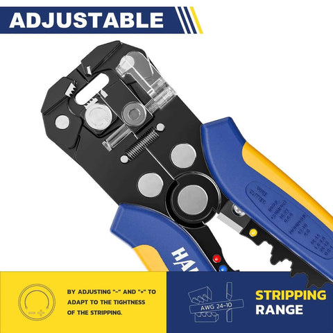 Close-up of self adjusting wire stripper and cutter with crimping feature, 3 in 1 heavy duty design for 10 to 24 AWG, ideal for electrical projects.