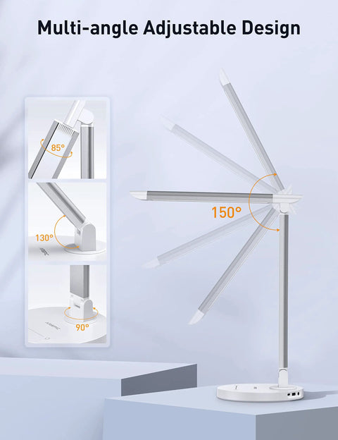 Dimmable Desk Lamp With USB Charging Ports, 10 Brightness Levels And 5 Color Temperature, adjustable arm angles illustration