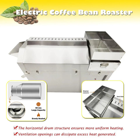 Roller Type Electric Stainless Steel Coffee Roaster, 220V 1PH, Horizontal Drum With 304 Food Grade Liner, 6kW High Power For Even Roasting, Large Batch Coffee Roaster For Home Use Or Small Roasts, showing large capacity and ventilation features.