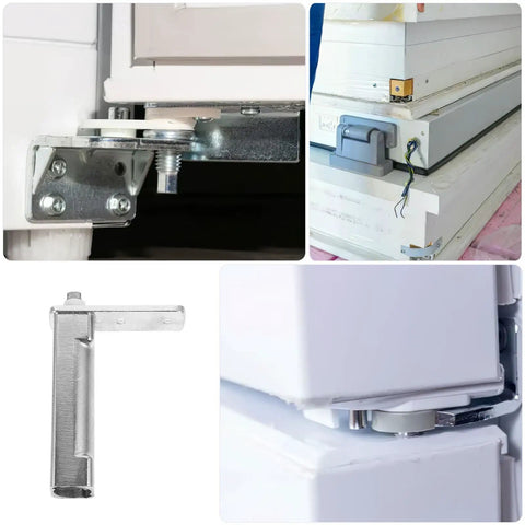 Collage showing Heavy Duty Stainless Steel Refrigerator Door Hinge Auto Close Replacement for home and commercial freezers.