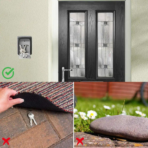 Outdoor Key Lock Box Wall Mount Waterproof Safe with Resettable Combination Code Zinc Alloy Key Storage Box for Spare Keys 5 Key Capacity with Mounting Kit next to door with incorrect key hiding spots below.