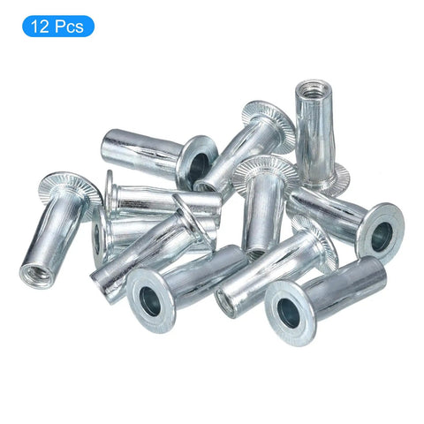 Beefed-Up Heavy Duty 1/4-20 Multi Grip Rivet Nuts Set, 12 Pieces Pre Bulbed Shank Flat Head Threaded Insert Nuts