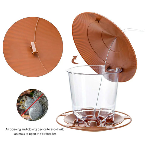 Outdoor Hanging Bird Feeder For Wild Birds Squirrelproof Seed Feeder with twist lock lid and clear container in brown