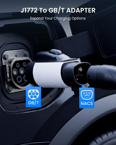 No Sweat Charging Adapter Converts Nacs To Gbt Port, showing GB/T and NACS connections for electric vehicle charging.