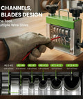 Manual Wire Stripping Machine With Drill Powered Option, 6 Channel Cutter, 5 Blades For 0.06 To 0.67 Inch Wires in use