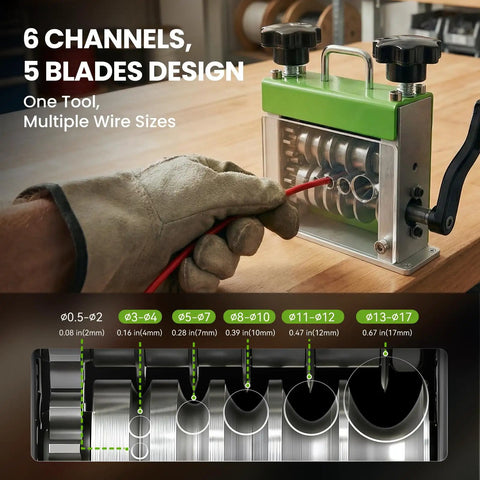 Manual Wire Stripping Machine With Drill Powered Option, 6 Channel Cutter, 5 Blades For 0.06 To 0.67 Inch Wires in use