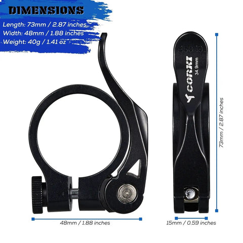 34.9mm Adjustable Bicycle Seatpost Clamp with Quick Release, Aluminum Alloy, No-Slip Secure Grip, Black, Front and Side Views