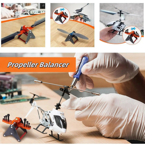 A technician using a Beefed Up Pro Grade Carbon Fiber Aluminum Propeller Balancer For RC Helicopters And Aircraft 250 450 500 600 700.