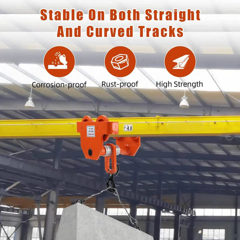 Heavy Duty Manual Trolley for 2 Ton Load, Steel Push Beam Trolley With Dual Wheels, Adjustable Width displayed in a warehouse