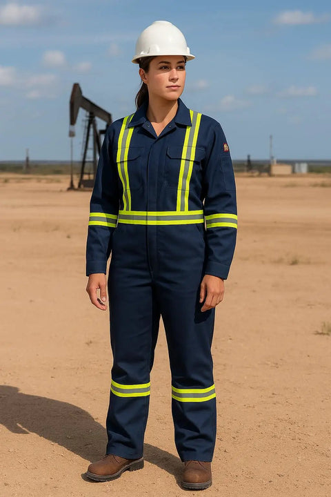 Flame Resistant Hi Vis Coverall For The Jobsite Navy Blue 88 Cotton 12 Nylon Twill 7 Oz Arc Flash Safe 12 Cal Per Cm2 ATPV NFPA 2112 HRC 2 Size Small Pro