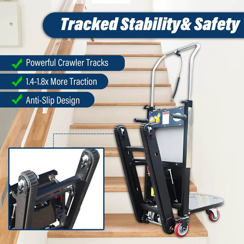 Top Notch Electric Stair Climber Hand Truck With 300kg Capacity And Powerful 850W Motor on stairs showcasing tracked stability.