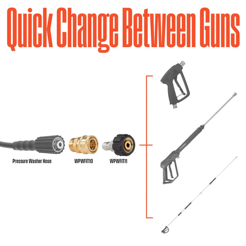 Pressure washer gun with extension wand and two brass quick-connect fittings (WPWFIT10, WPWFIT11)