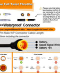 Full Twist Throttle Kit For 12V To 72V E Bikes And Scooters showing waterproof 3-pin Surron style connector plug diagram
