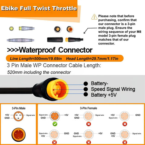 Full Twist Throttle Kit For 12V To 72V E Bikes And Scooters showing waterproof 3-pin Surron style connector plug diagram