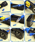 Installation process of Soft PVC RJ45 Strain Relief Boots For Cat5 Cat5e Cat6 Cables Blue 100 Pack with crimping tool.