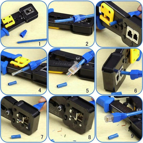 Installation process of Soft PVC RJ45 Strain Relief Boots For Cat5 Cat5e Cat6 Cables Blue 100 Pack with crimping tool.