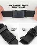Dope Mens Leather Belt Ratchet Black Dress Belt With Automatic Slide Buckle For Men Easy Adjustable Everyday Wear For Jeans Business Attire And Gift For Him Great Value, showing hands holding the black belt with an American flag buckle and detailed images of sturdy lock mechanism.