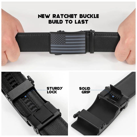 Dope Mens Leather Belt Ratchet Black Dress Belt With Automatic Slide Buckle For Men Easy Adjustable Everyday Wear For Jeans Business Attire And Gift For Him Great Value, showing hands holding the black belt with an American flag buckle and detailed images of sturdy lock mechanism.