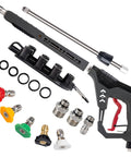 Pressure Washer Gun With 360 Degree Swivel Heavy Duty Labor Saving Hood Replacement Wand Extension M22 14mm And 15mm Fittings Three Eighth Inch Quick Connect Five Nozzle Tips With Holder 5000 PSI 41 Inch Stainless Steel, showing gun, wand, nozzles, and fittings.
