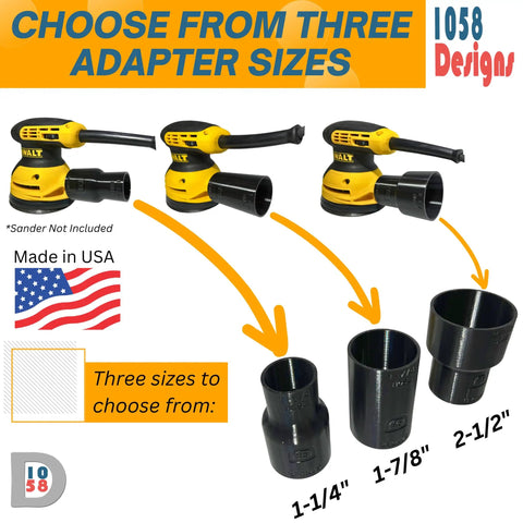Universal Sander Vacuum Adapter 1-1/4 Inch Hose for Dust Collection, compatibility with three adapter sizes shown, fits sanders and power tools.