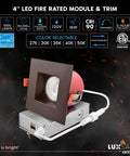 4 Inch LED fire rated module & trim, 1000 lumens, CRI 90, 2 hour fire rating, integrated J Box, 12 Pack of 4 Inch Square LED Recessed Lights With Integrated J Box, 5Cct Dimmable Panels, Hella 1000 Lumens, Solid Two Hour Fire Rating, Total Wet Rated Bronze Trim.