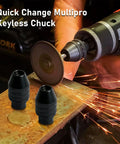 Tough As Nails 10 Pack Keyless Rotary Tool Chuck, carbon steel, shown with rotary tool creating sparks.