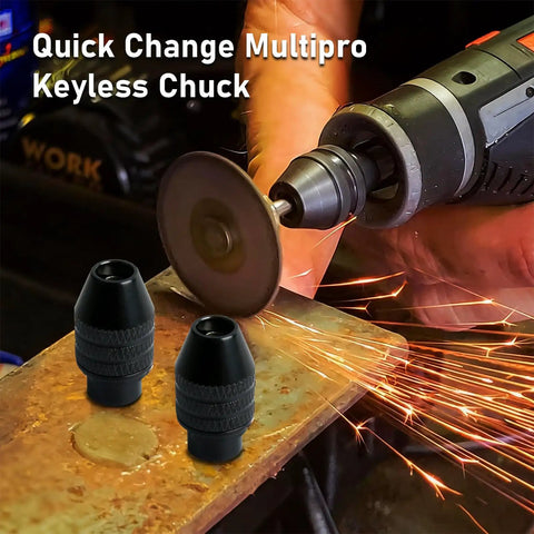 Tough As Nails 10 Pack Keyless Rotary Tool Chuck, carbon steel, shown with rotary tool creating sparks.