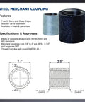Beefy 1-1/2 Inch Female Half Coupling In Merchant Steel With Black Finish And Straight Tapped Thread, Go-To Pipe Fitting For Plumbing Projects, 1-1/2 Inch Female Connector, ANSI And ASTM Compliant, black and galvanized views