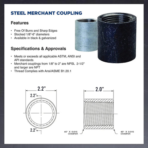 Beefy 1-1/2 Inch Female Half Coupling In Merchant Steel With Black Finish And Straight Tapped Thread, Go-To Pipe Fitting For Plumbing Projects, 1-1/2 Inch Female Connector, ANSI And ASTM Compliant, black and galvanized views