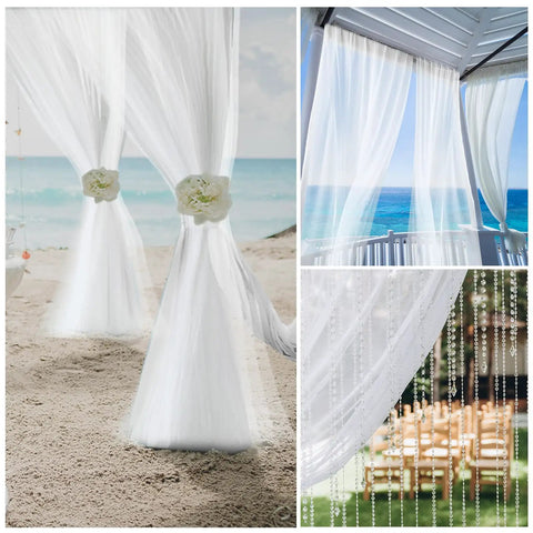 Four Panel Outdoor Mosquito Netting For Patio 118 W By 98 L No See Um Garden Mesh Curtains installed on beachside patio.