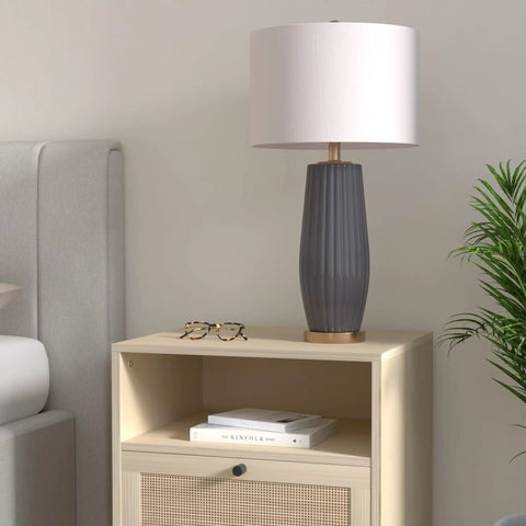 Gray 28.5 Inch Modern Ceramic Table Lamp With Fluted Base And White Linen Shade, Gold Accent, Energy Efficient LED Bulb Included, Perfect Nightstand Or Living Room Accent Light