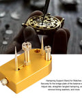 Durable Metal Hairspring Stand for Watch Repair and Movement Balancing, tool setup with watch components in background.