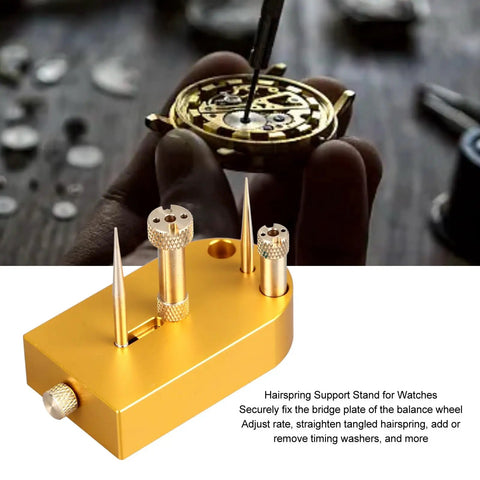 Durable Metal Hairspring Stand for Watch Repair and Movement Balancing, tool setup with watch components in background.