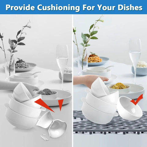 Two Pack Silicone Sink Protector Mats For Kitchen Sinks No Slip Scratch Resistant Grid Mats for Rear Drain Gray shown with dishes