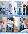 Image showing various elderly assistance methods: wheelchair, walking with a frame, standing support, and bed-to-chair transfer.