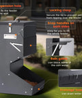 Built Tough Automatic Dog Feeder For Large Breeds Outdoor Gravity Pet Food Dispenser With 25 Pound Capacity showing locking clasp and drainage holes.