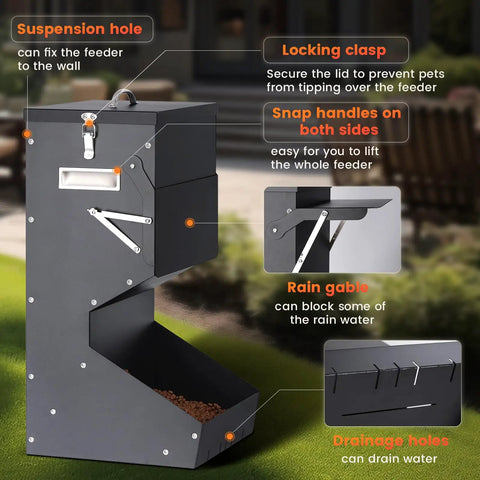 Built Tough Automatic Dog Feeder For Large Breeds Outdoor Gravity Pet Food Dispenser With 25 Pound Capacity showing locking clasp and drainage holes.