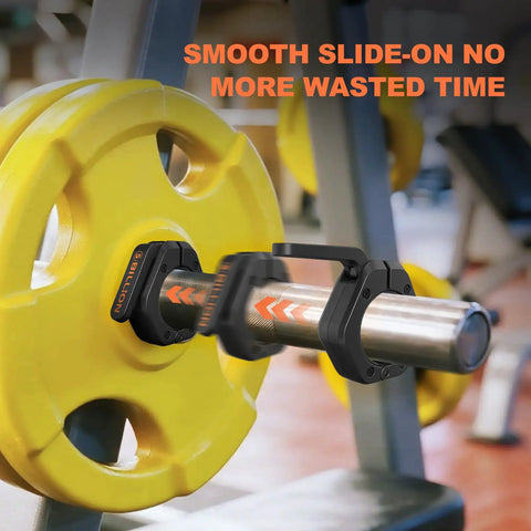Beefed Up 2 Inch Barbell Clamps Pair With Anti Slip TPR Lining For Quick Release And Rock Solid Secure Weightlifting At Home Or Gym, Durable Nylon And Glass Fiber Construction, Black, installed on bar with yellow weights