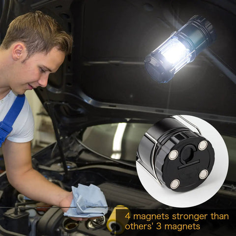 Mechanic using 4 Pack Solar USB Rechargeable Camping Lanterns With 3 AA Battery Backup, Lit COB LED, magnetic base under car hood